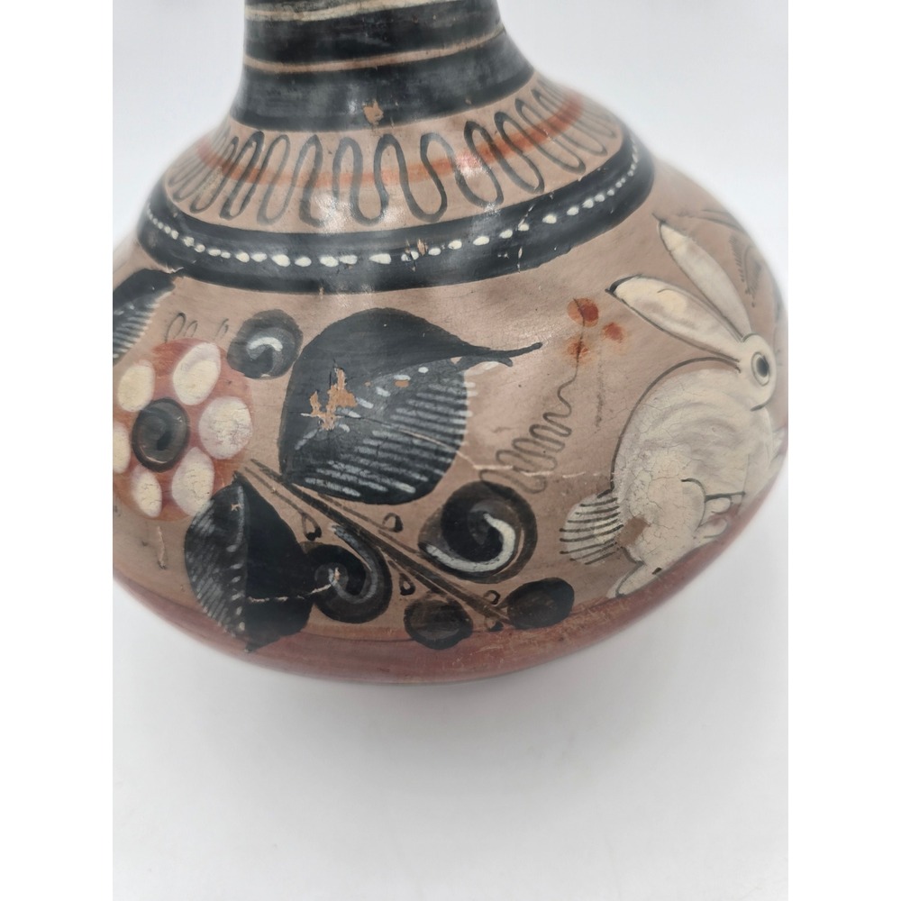 Vintage Tonala Mexico Pottery Vase Burnished Deer Rabbit Folk Art Mid Century - Picture 5 of 14